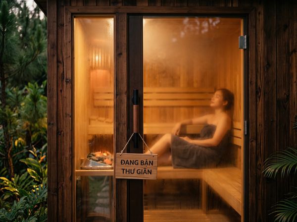 Biển báo tiếng Việt Đang Bận Thư Giãn treo trước cửa phòng xông hơi khô.