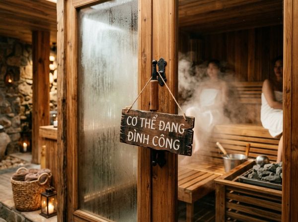 Biển báo tiếng Việt Cơ Thể Đang Đình Công treo trước cửa phòng xông hơi khô.
