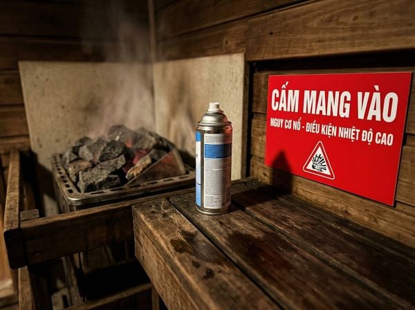 Biển báo tiếng Việt Cấm Mang Vào đặt cạnh bình xịt nén dễ nổ trong phòng xông hơi.