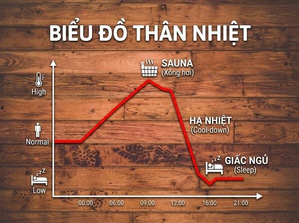 Biểu đồ tiếng Việt minh họa cơ chế giảm thân nhiệt sau xông hơi giúp kích thích buồn ngủ.
