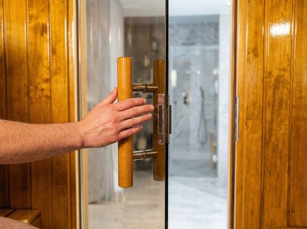 Cửa kính cường lực phòng xông hơi thiết kế không khóa, dễ dàng đẩy mở từ bên trong.