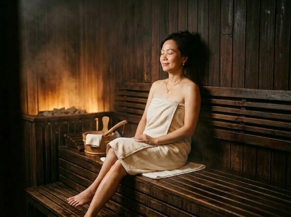 Người phụ nữ Việt Nam tận hưởng di sản sức khỏe trong phòng xông hơi