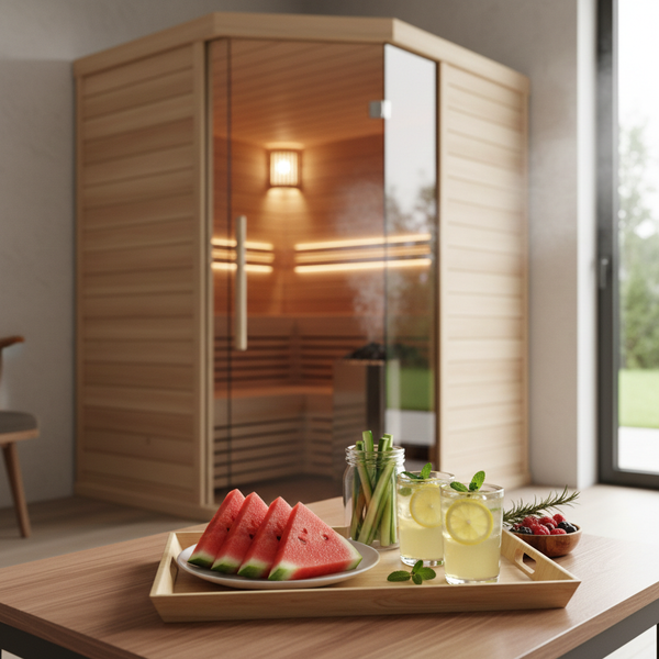 Khay đồ ăn nhẹ gồm dưa hấu và nước thảo mộc phục vụ cho tiệc xông hơi.