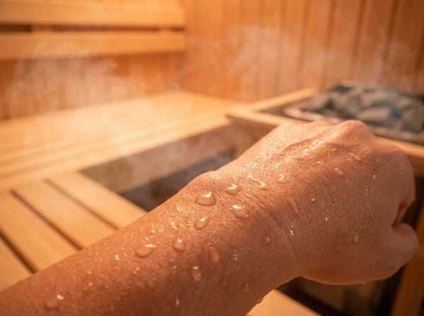 Cận cảnh giọt mồ hôi thải độc tố qua lỗ chân lông dưới nhiệt độ cao của sauna.