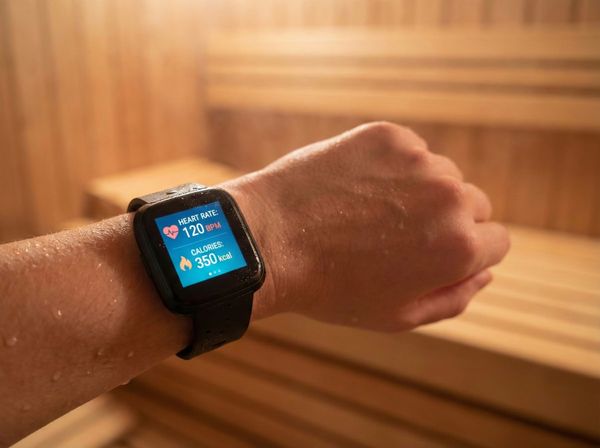 Đồng hồ thông minh hiển thị nhịp tim tăng và lượng calo tiêu thụ khi xông hơi.