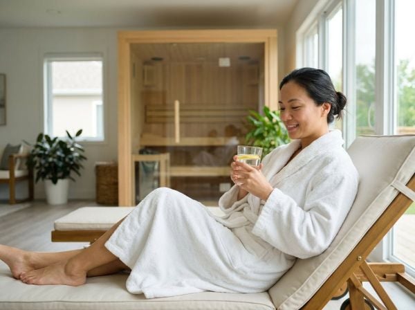 Phụ nữ Việt Nam thư giãn đẳng cấp với áo choàng tắm cao cấp sau liệu trình xông hơi tại nhà.