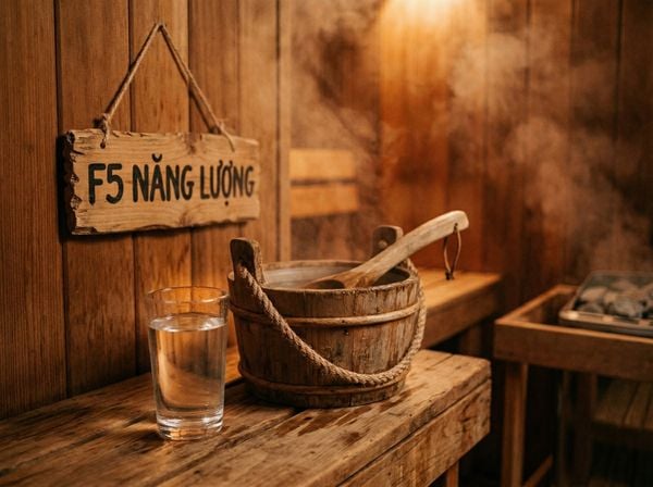 Biển báo tiếng Việt F5 Năng Lượng đặt cạnh ly nước lọc tinh khiết trong phòng xông hơi khô