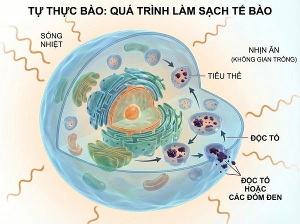 Minh họa cơ chế tự thực bào (Autophagy) giúp trẻ hóa tế bào dưới tác động nhiệt.