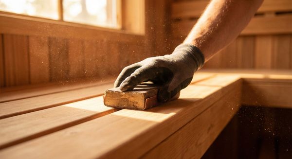 Hướng dẫn kỹ thuật chà nhám làm mới ghế gỗ trong phòng xông hơi.