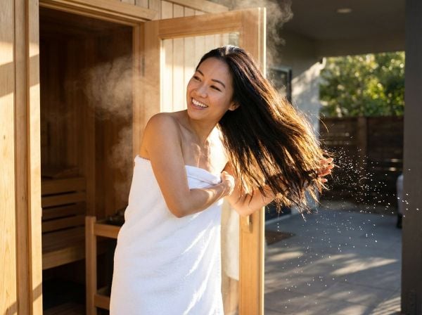 Phụ nữ Việt Nam với mái tóc suôn mượt và bóng khỏe sau khi áp dụng mẹo ủ tóc trong phòng sauna.