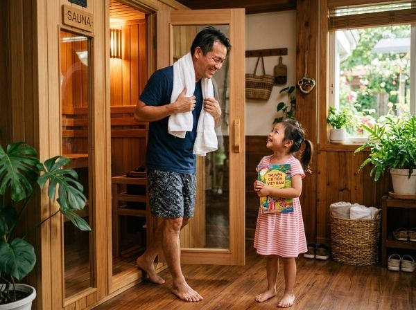 Người cha dành thời gian chất lượng, chân thực bên con gái sau khi hoàn thành liệu pháp xông hơi thải độc.