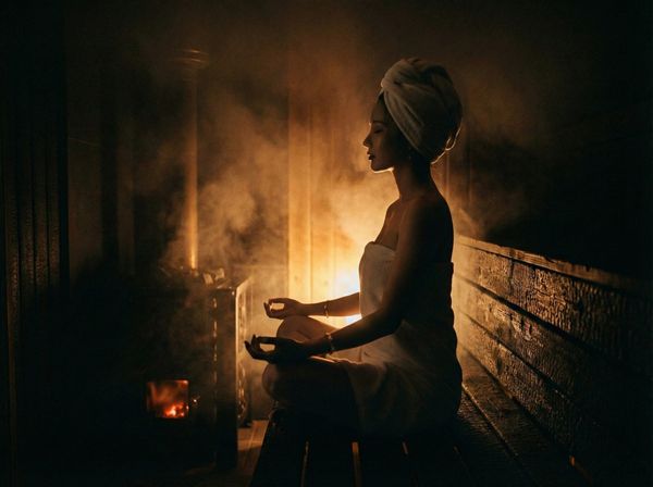 Trải nghiệm thiền định sâu lắng trong không gian phòng xông hơi màu tối.