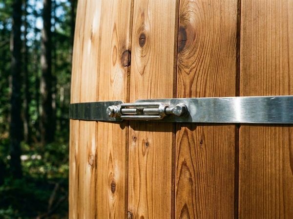 Kết cấu ghép gỗ và đai thép chắc chắn của phòng xông hơi thùng rượu.