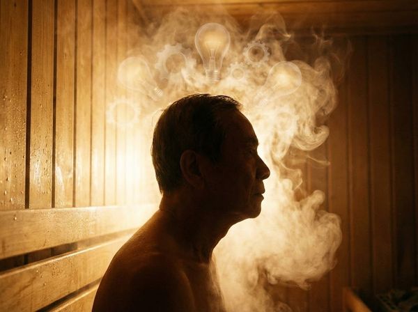 Hình ảnh ẩn dụ não bộ sáng tạo và hoạt động hiệu quả khi cơ thể nghỉ ngơi trong sauna.