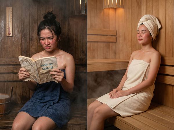 Sự đối lập giữa việc làm hỏng sách giấy và sự thư giãn đúng cách trong phòng xông hơi.