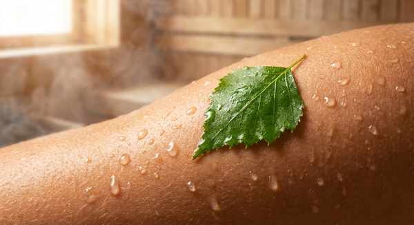 Làn da ướt đẫm mồ hôi và lá cây sau khi trải nghiệm xông hơi Vihta.