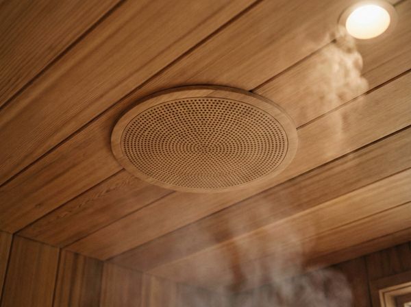 Loa chịu nhiệt lắp âm trần trong phòng xông hơi để nghe nhạc thư giãn.