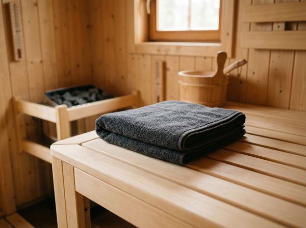 Khăn tắm dày dặn lót trên ghế gỗ phòng xông hơi đảm bảo vệ sinh cá nhân.