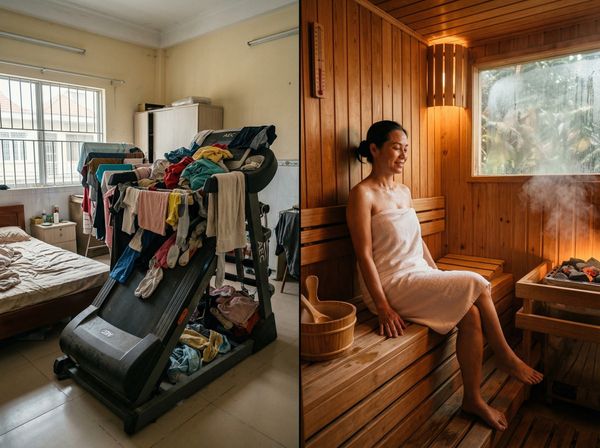 Sự đối lập giữa máy tập thể dục bị bỏ xó làm giá phơi đồ và phòng xông hơi luôn được sử dụng.