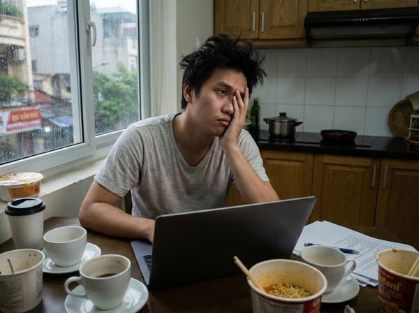 Freelancer mệt mỏi khi làm việc tại nhà trong thời gian dài.