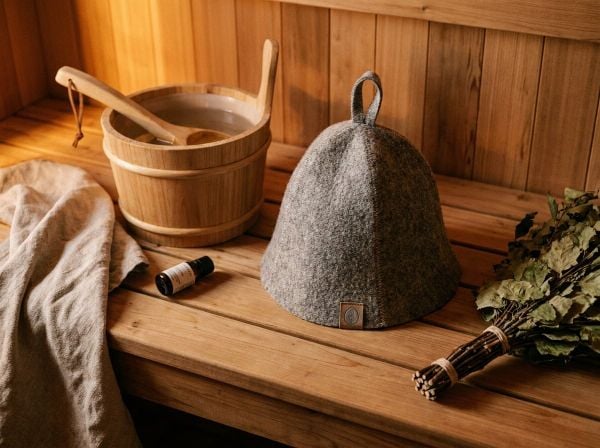 Mũ xông hơi bằng len nỉ (Sauna hat) đặt trên ghế gỗ, phụ kiện bảo vệ tóc khỏi nhiệt độ cao.