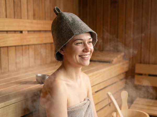 Người phụ nữ đội mũ nỉ xông hơi để bảo vệ tóc và đầu trong sauna.