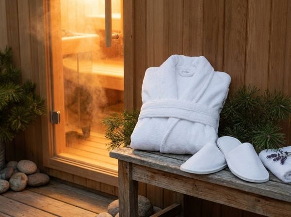 Chuẩn bị sẵn sàng áo choàng tắm và dép đi trong nhà trước cửa phòng xông hơi khô.