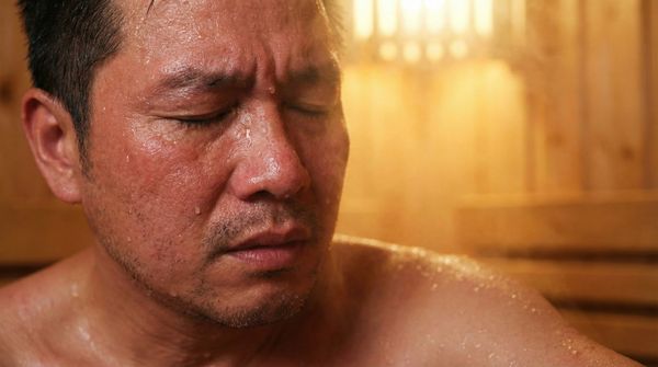 Người đang xông hơi đổ mồ hôi nhiều trong nhiệt độ cao.