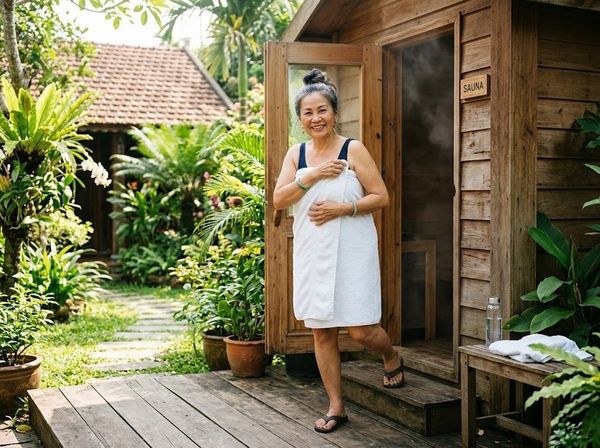 Cụ bà Việt Nam khỏe mạnh, tự chủ trong việc chăm sóc bản thân nhờ thói quen xông hơi.