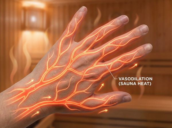 Minh họa cơ chế hơi nóng phòng xông hơi làm giãn nở mao mạch và tăng lưu thông máu đến các đầu ngón tay