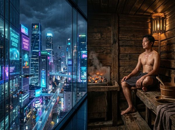 Sự đối lập giữa thế giới công nghệ tương lai lạnh lẽo và phòng xông hơi gỗ nguyên thủy ấm áp.