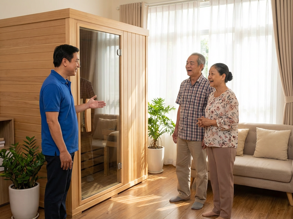 Con trai giới thiệu phòng xông hơi khô mới lắp đặt làm quà tặng cho bố mẹ già.