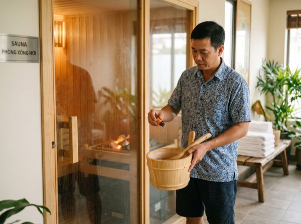 Pha tinh dầu vào xô nước bằng gỗ ở bên ngoài phòng xông hơi để đảm bảo an toàn và giữ mùi.