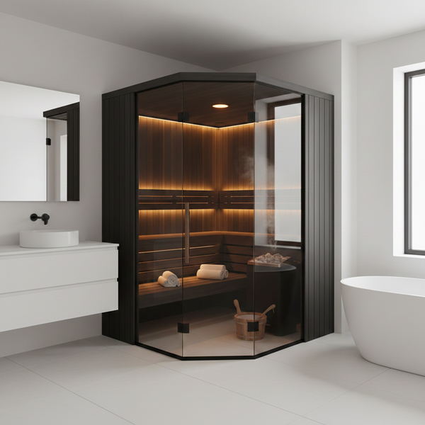 Thiết kế phòng xông hơi góc hình ngũ giác tiết kiệm diện tích trong phòng tắm hiện đại.
