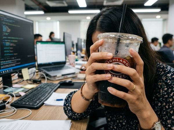 Nữ nhân viên văn phòng Việt Nam phụ thuộc vào cà phê đen để chống lại cơn buồn ngủ.