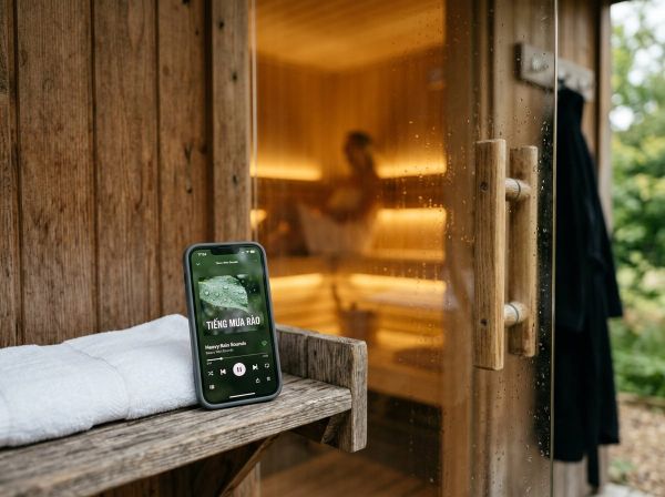 Điện thoại phát playlist tiếng mưa rào tiếng Việt đặt ngoài cửa phòng xông hơi.