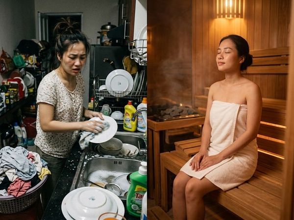 Sự đối lập giữa công việc nhà mệt mỏi và không gian tận hưởng cá nhân trong Sauna Cabin.