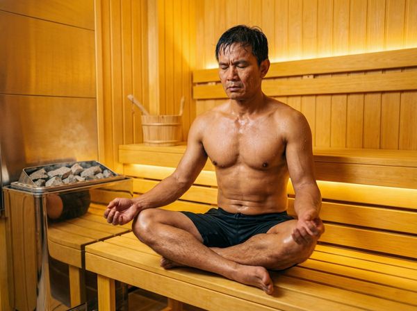 Người đàn ông Việt Nam rèn luyện ý chí và sự kiên định trong phòng xông hơi nhiệt độ cao.