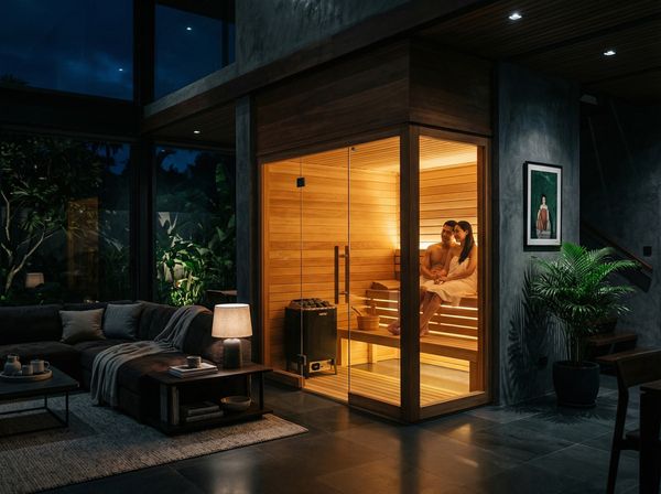 Phòng xông hơi khô bằng gỗ tự nhiên giống như một căn hầm trú ẩn an toàn và ấm áp giữa ngôi nhà hiện đại.