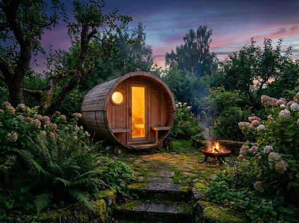 Phòng xông hơi hình thùng rượu (Barrel Sauna) bằng gỗ tuyệt đẹp đặt trong sân vườn buổi tối.