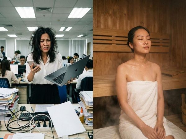 So sánh sự bận rộn nơi công sở và sự bình yên khi xông hơi của phụ nữ Việt.
