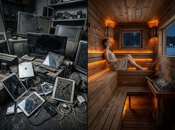 Sự đối lập giữa rác thải công nghệ lỗi thời và vẻ đẹp trường tồn của phòng xông hơi bằng gỗ tự nhiên.