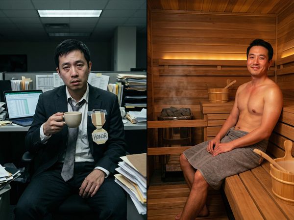 Sự đối lập giữa việc tự hào vì kiệt sức làm việc và sự thành công thực sự khi biết thư giãn trong phòng xông hơi.