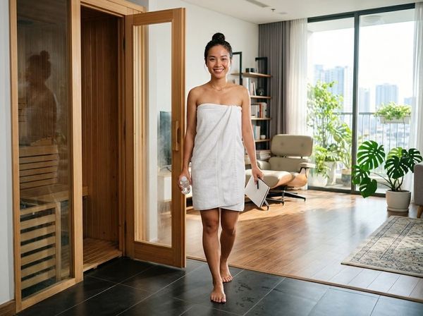 Nữ nhân viên văn phòng Việt Nam lấy lại sự tập trung và minh mẫn sau khi sử dụng sauna.