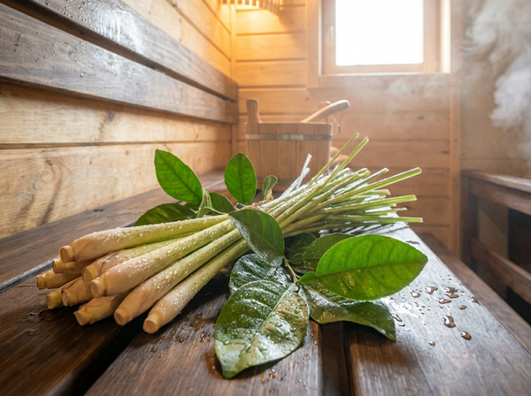 Lá xông hơi thảo mộc Việt Nam gồm sả và lá bưởi tươi trong phòng xông.