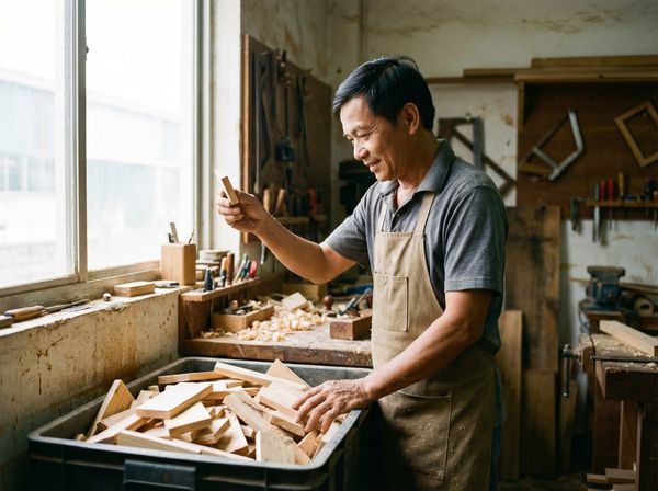 Người thợ mộc Việt Nam cẩn thận chọn lọc những mẩu gỗ thông Phần Lan thừa để tái chế.