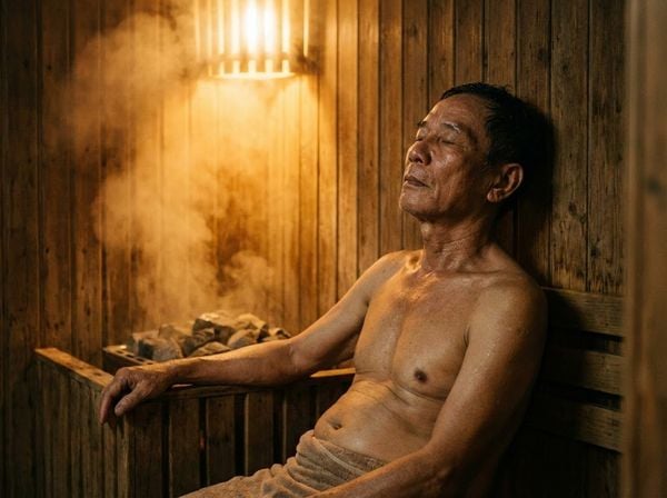 Người đàn ông Việt Nam thư giãn sâu trong phòng xông hơi giúp dễ ngủ.