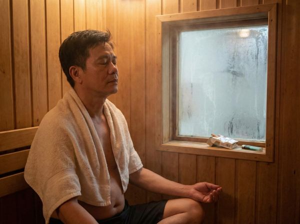Người đàn ông thư giãn sâu trong sauna để giảm căng thẳng khi cai thuốc lá.