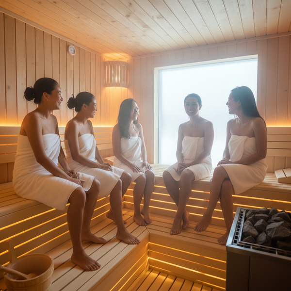 Nhóm bạn bè vui vẻ trò chuyện và thư giãn trong buổi tiệc xông hơi tại nhà.