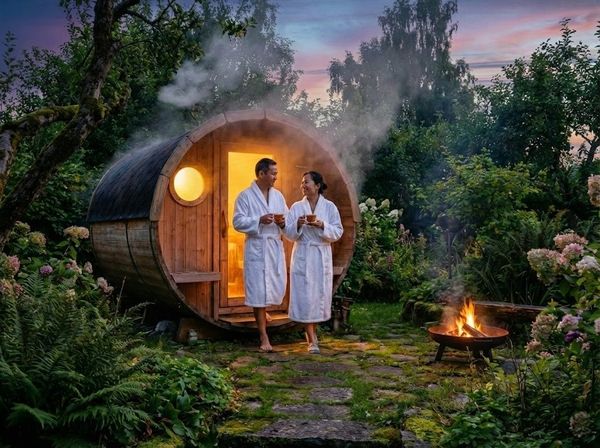 Cặp đôi tận hưởng không gian thư giãn sân vườn với Barrel Sauna.